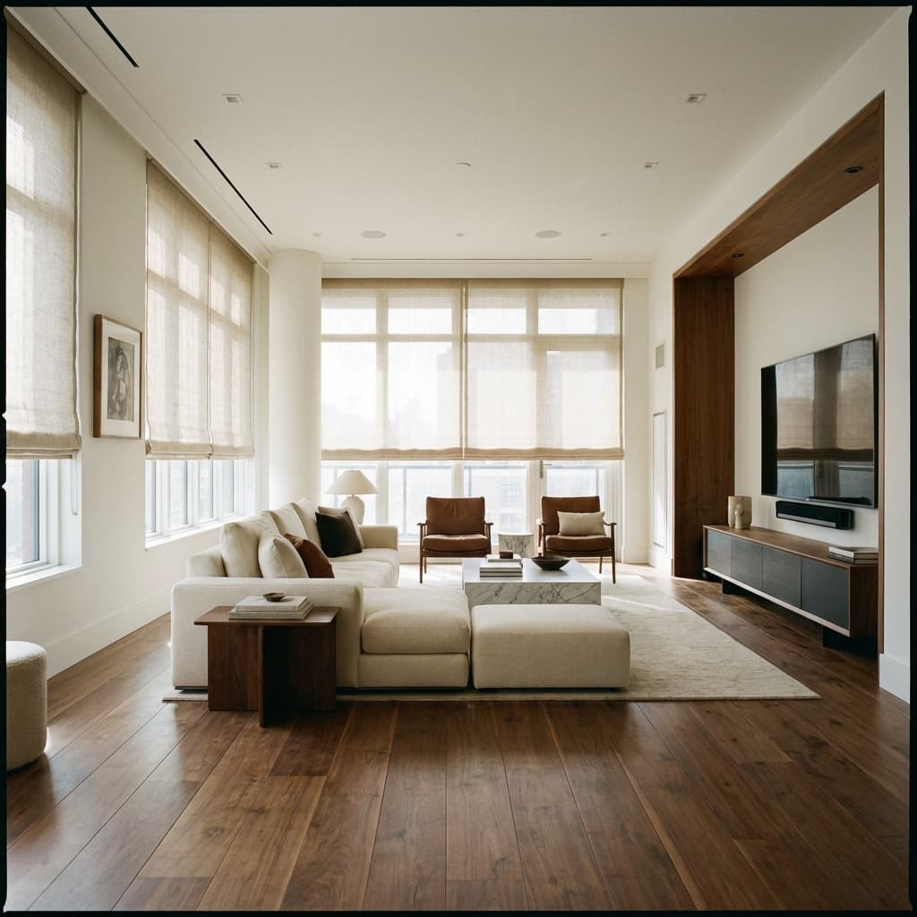 Modern living room with premium flooring and blinds
